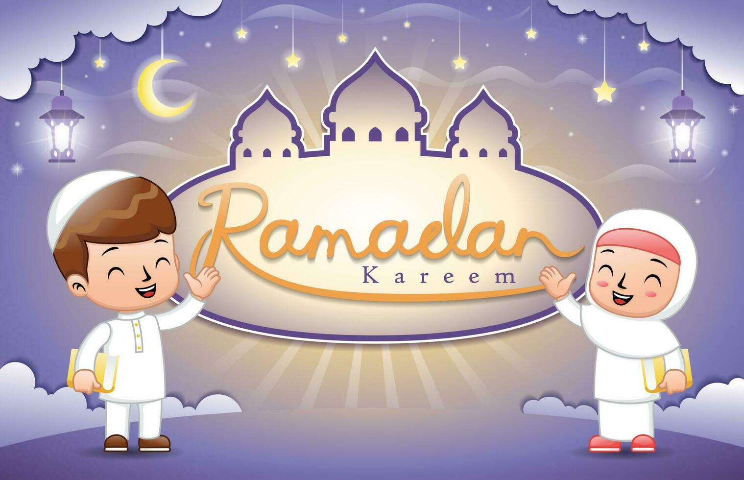 söt muslim barn innehav quran på ramadan natt på moské ram bakgrund vektor