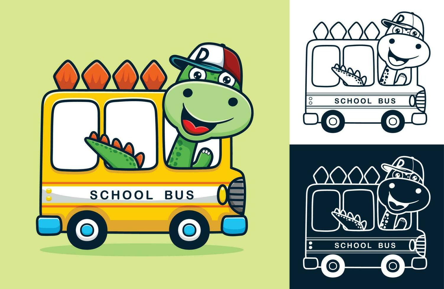 vektor illustration av rolig dinosaurie tecknad serie bär hatt på skola buss