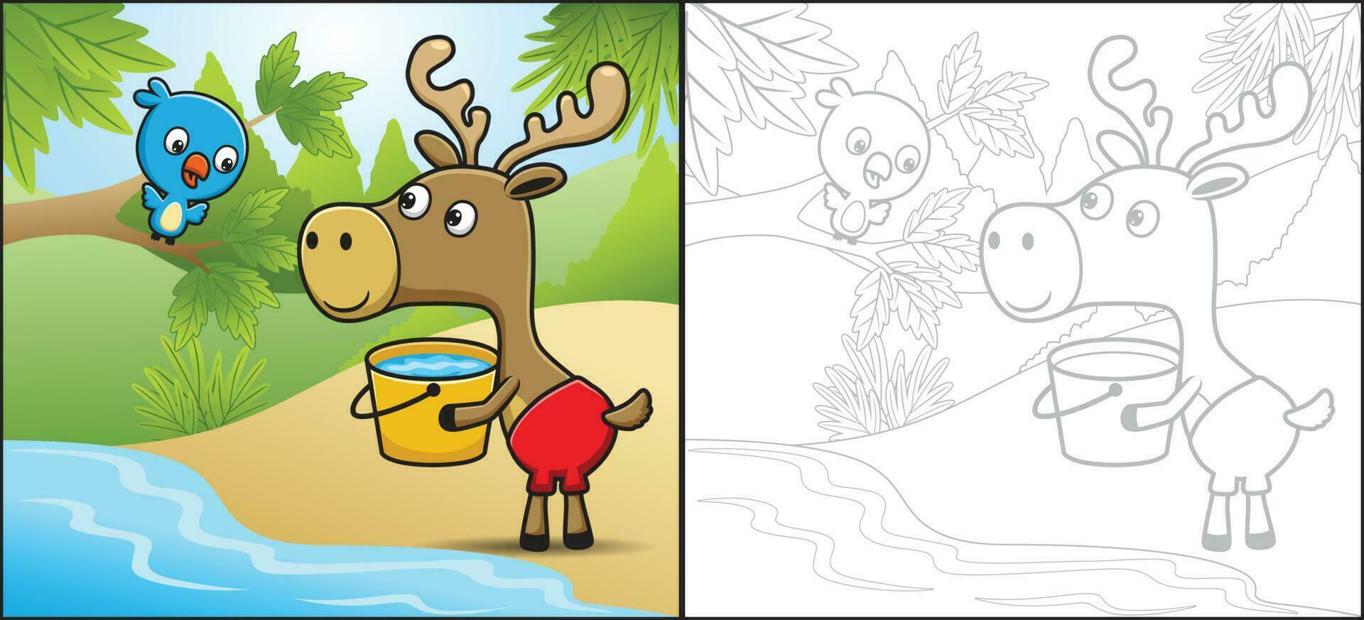 Vektor Karikatur von komisch Elch Tragen Eimer, wenig Vogel auf Baum Ast. Färbung Buch oder Seite