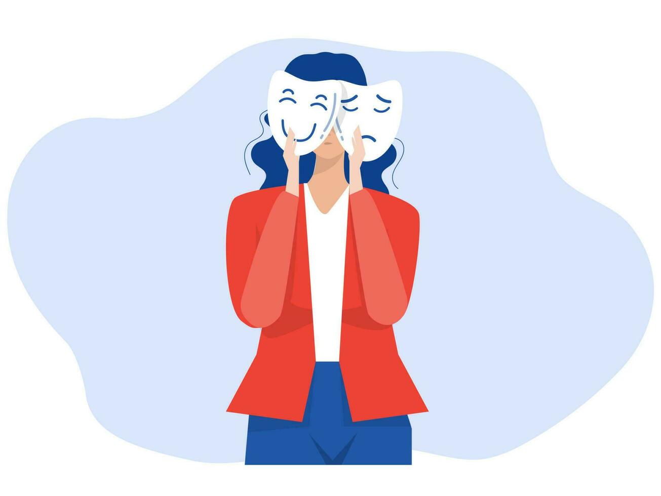 Geschäftsfrau halten Masken anders Masken glücklich und traurig Betrüger Syndrom bipolar Störung Fälschung Gesichter und Emotionen. Psychologie falsch Verhalten oder deceiver.vector Illustrator vektor