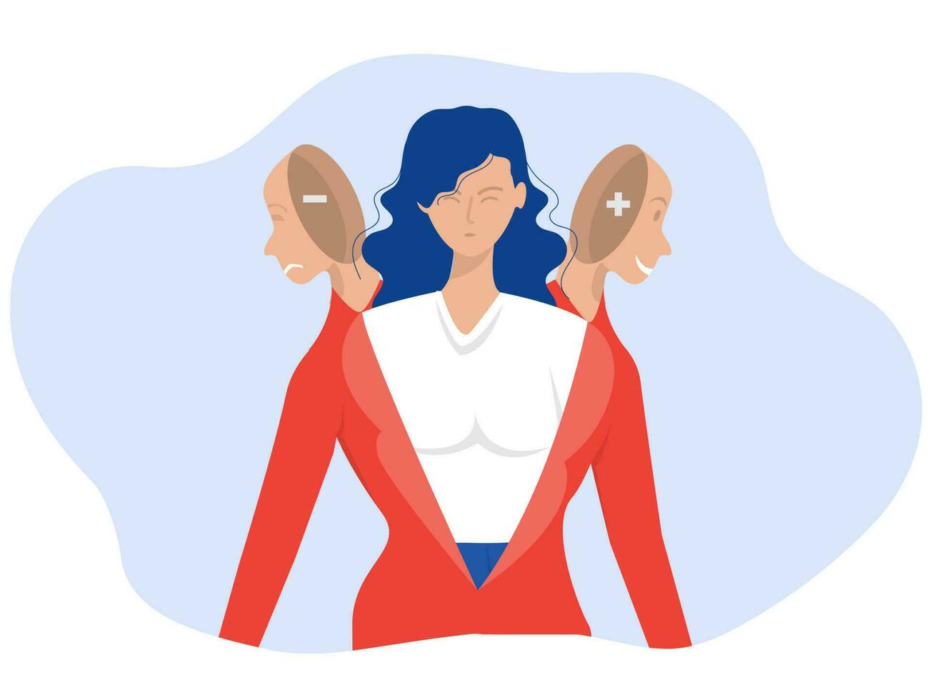 bipolär oordning begrepp företag kvinnor förvirrad annorlunda masker Lycklig och ledsen bedragare syndrom, falsk ansikten och känslor. psykologi mental vektor illustratör