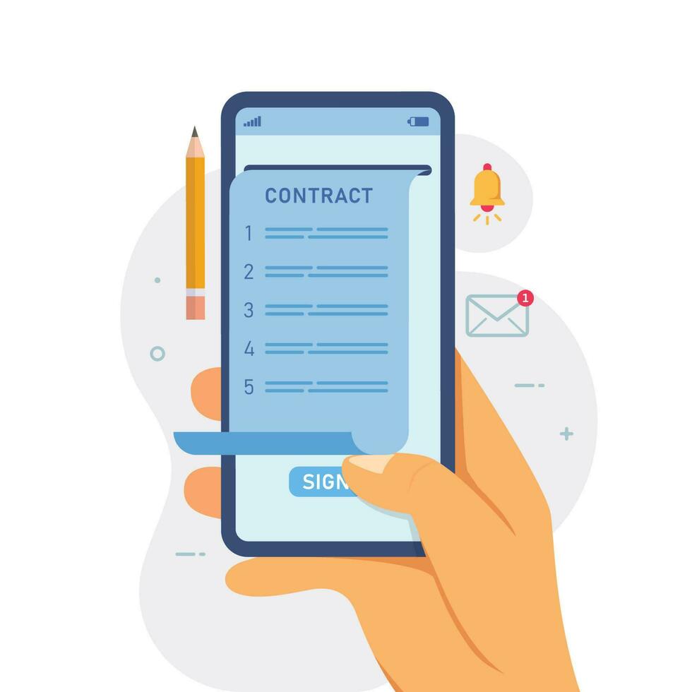 online E-Vertrag dokumentieren Zeichen über Smartphone Vektor Illustration