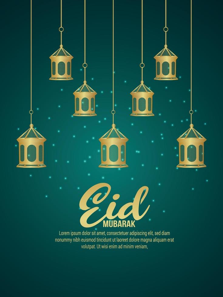 Eid Mubarak Einladungsparty des islamischen Festivals mit realistischer goldener Laterne vektor