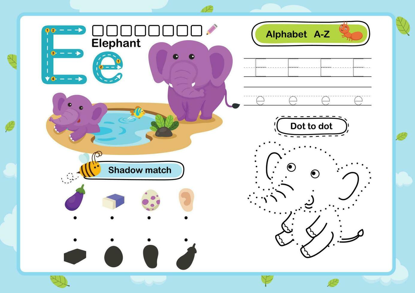 Alphabetbuchstaben-E-Elefantenübung mit Karikaturvokabularillustration, Vektor