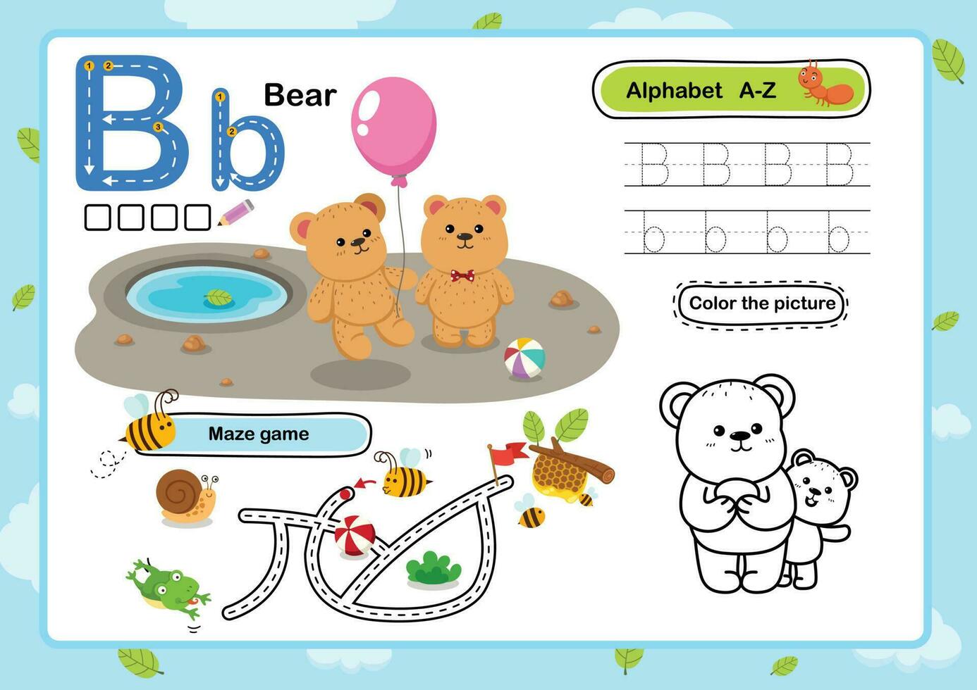 alfabet brev b-björn övning med tecknad serie ordförråd illustration, vektor