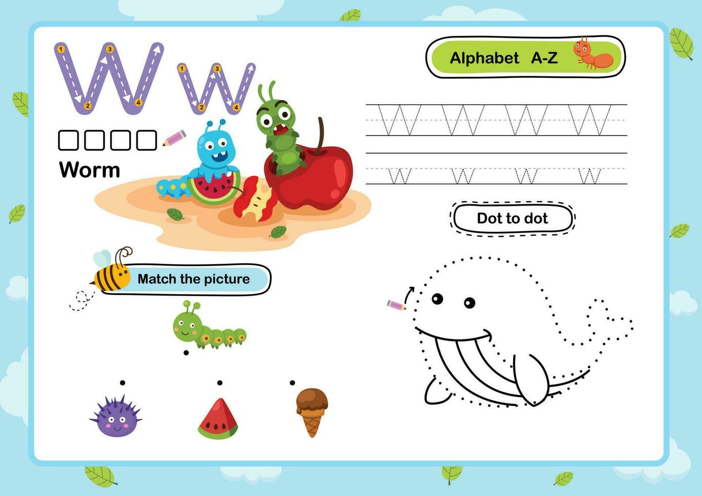 alfabet brev w-mask övning med tecknad serie ordförråd illustration, vektor