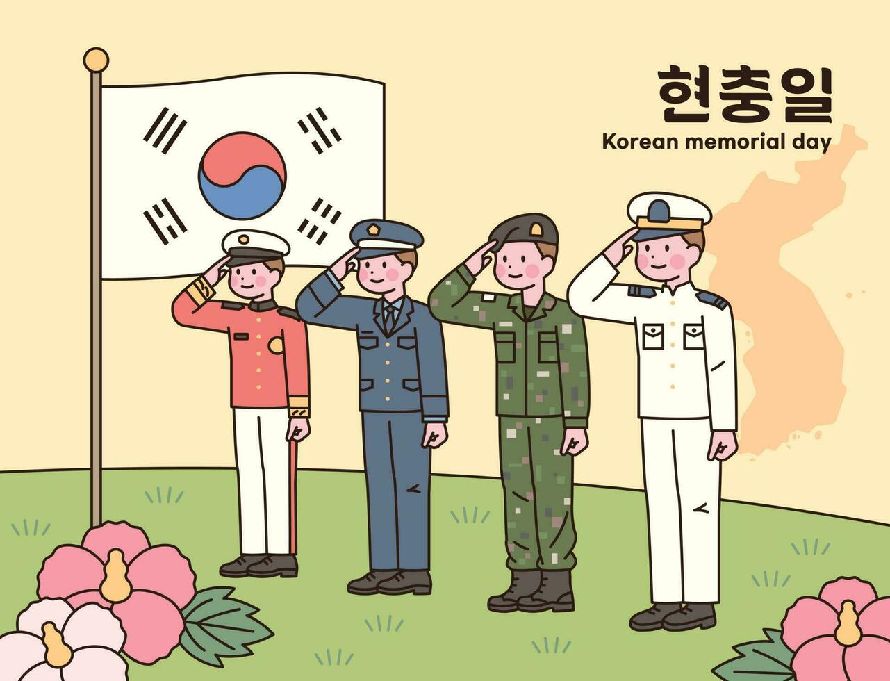 söder korea minnesmärke dag. soldater i armé, luft tvinga, Marin och marin uniformer är hälsar. juni 6. vektor