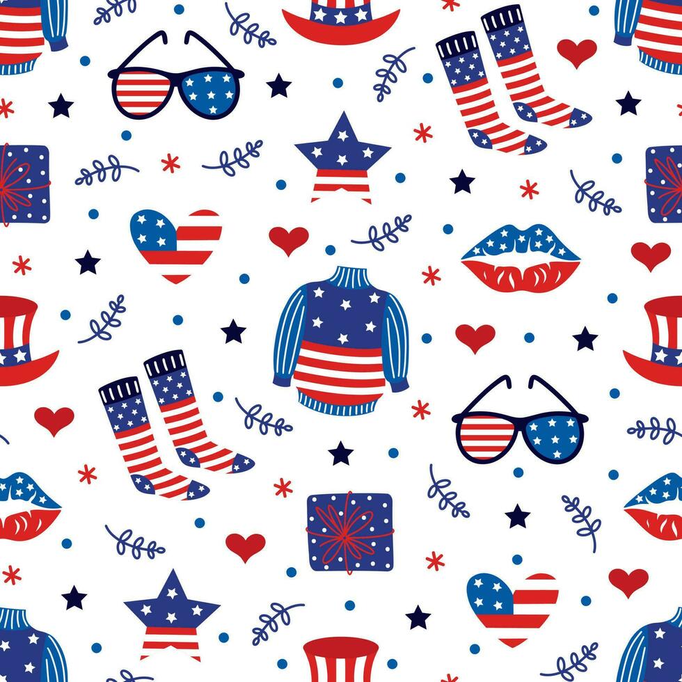 Amerika Unabhängigkeit Tag nahtlos Vektor Muster. Symbol von Freiheit - - USA Flagge Pullover, Socken, Sonnenbrille, oben Hut, Stern, Kuss von Freiheit. Patriot Zeichen, National Urlaub. eben Karikatur Hintergrund