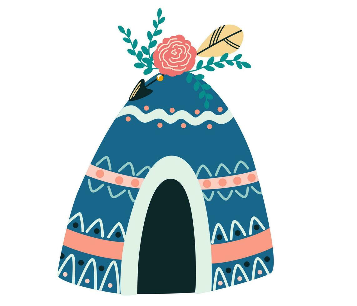 einheimisch Tipi Zelt. amerikanisch einheimisch Wigwam Zelt zum Kinder im Boho Stil. Ideal zum Drucken, Postkarten, dekorieren ein Kinder Zimmer. eben Karikatur Vektor Illustration isoliert auf das Weiß Hintergrund.