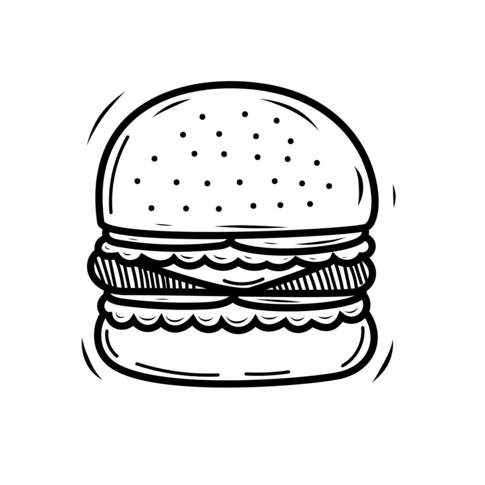 söt ritad för hand burger vektor illustration med svart och vit design