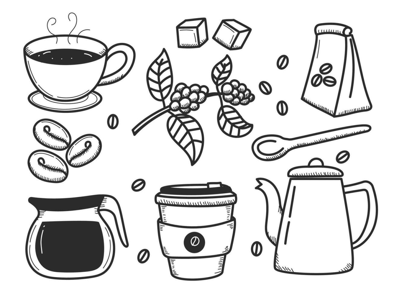 einstellen von Kaffee Gekritzel Illustration isoliert auf Weiß Hintergrund. handgemalt Kaffee Vektor Illustration