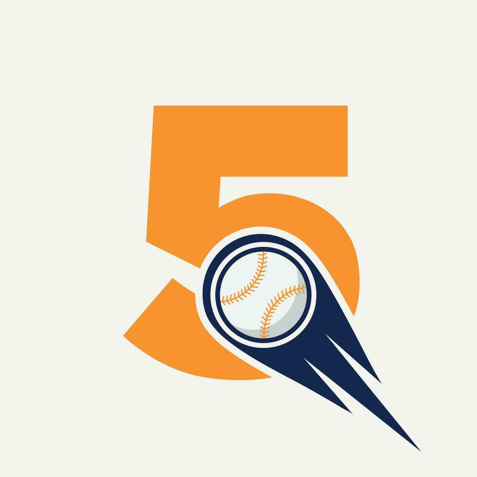 Letter 5 Baseball-Logo-Konzept mit beweglicher Baseball-Icon-Vektorvorlage vektor