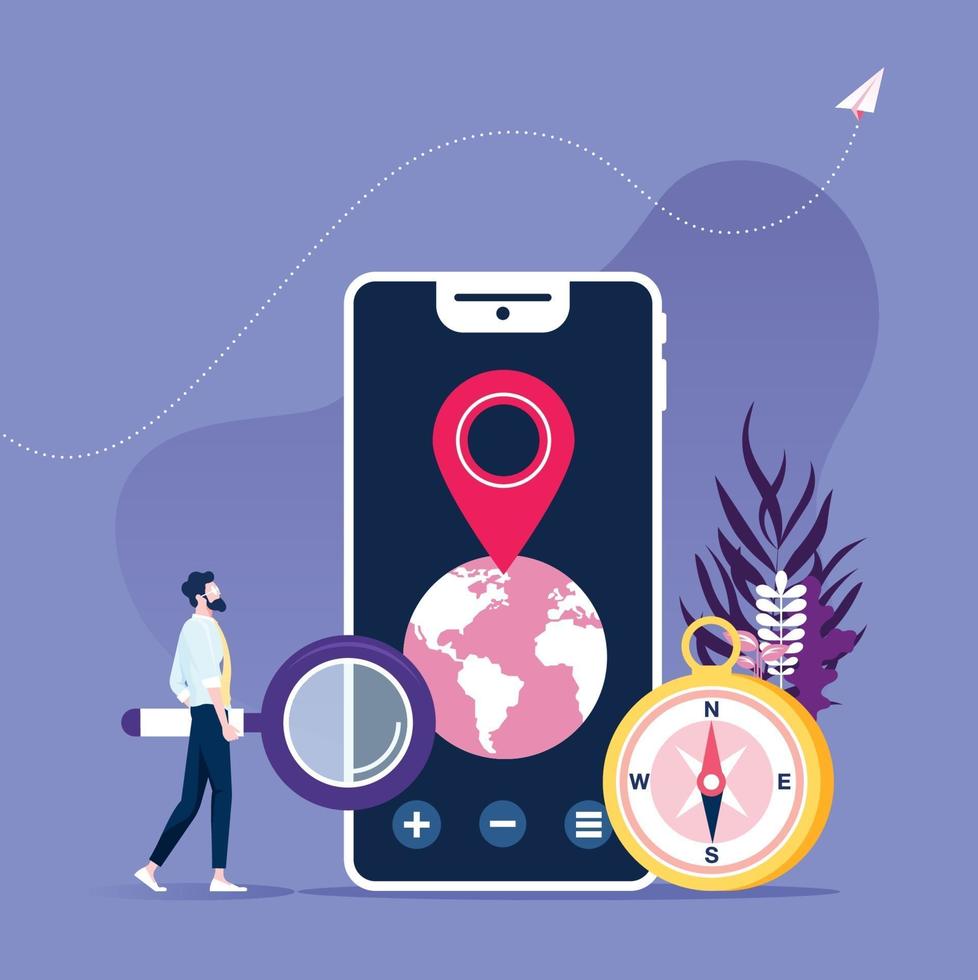 affärsman med smartphone och mobilnavigationsapp, destinationspunktnål vektor
