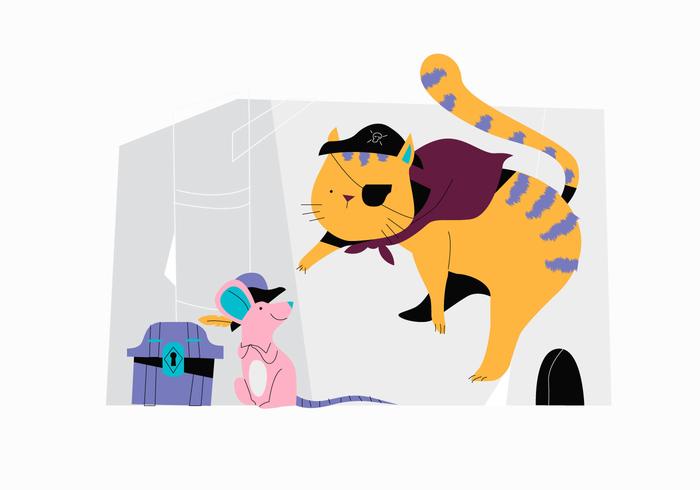 Katze und Maus, die zusammen Spaß-Vektor-flache Charakter-Illustration spielen vektor