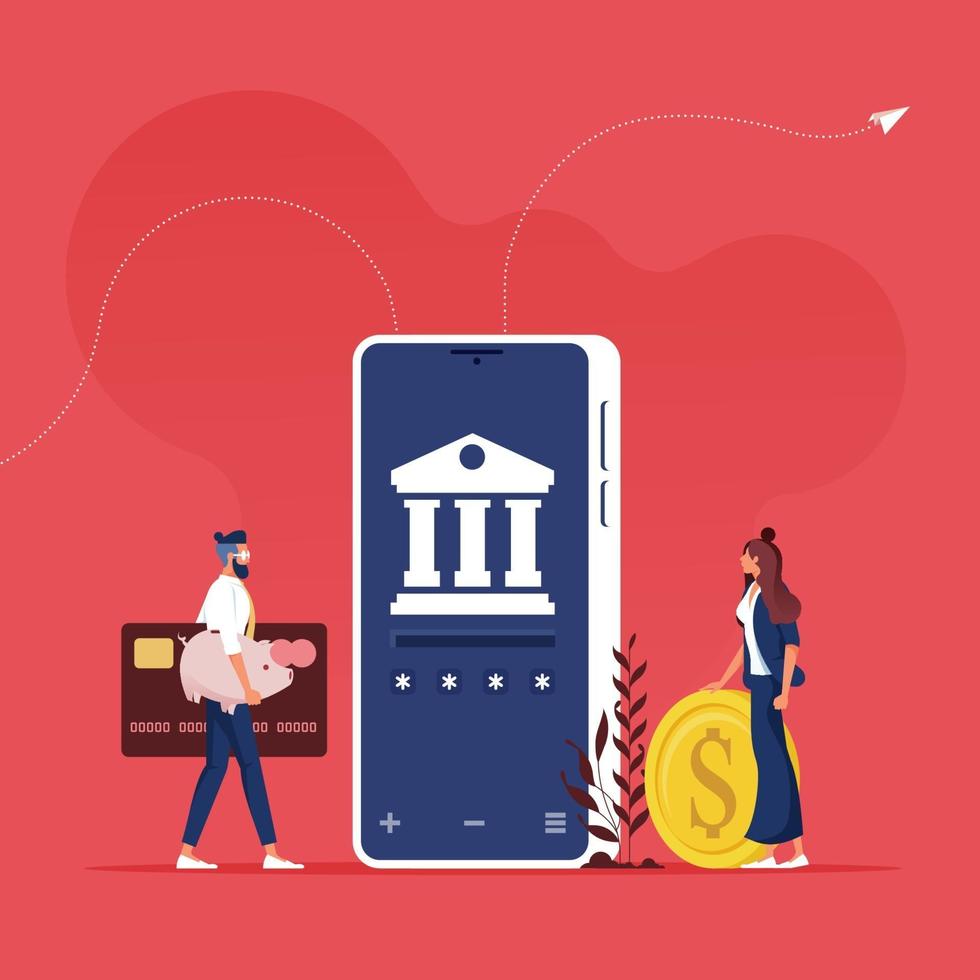 Online-Banking und Internet-Banking-Konzept. Menschen, die die App für Geldtransfers mit dem Smartphone verwenden vektor