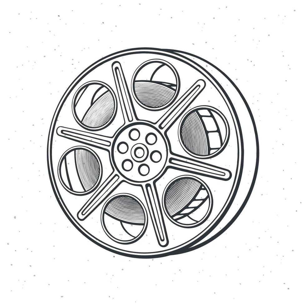 översikt av filma stock. årgång kamera rulle. film industri. gammal bio remsa. retro lagring av analog video information. vektor illustration. hand dragen svart bläck skiss, isolerat på vit bakgrund