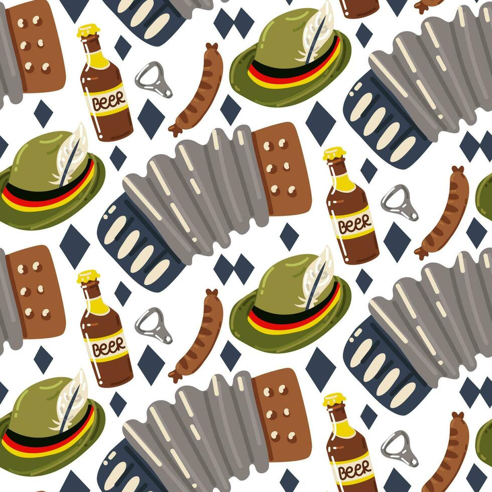 oktoberfest mönster tysk öl nationell Semester dekorativ baner med isometrisk design vektor illustration. oktober malt, karneval hatt, öl, flaska öppnare, korv, dragspel dragspel. utskrift