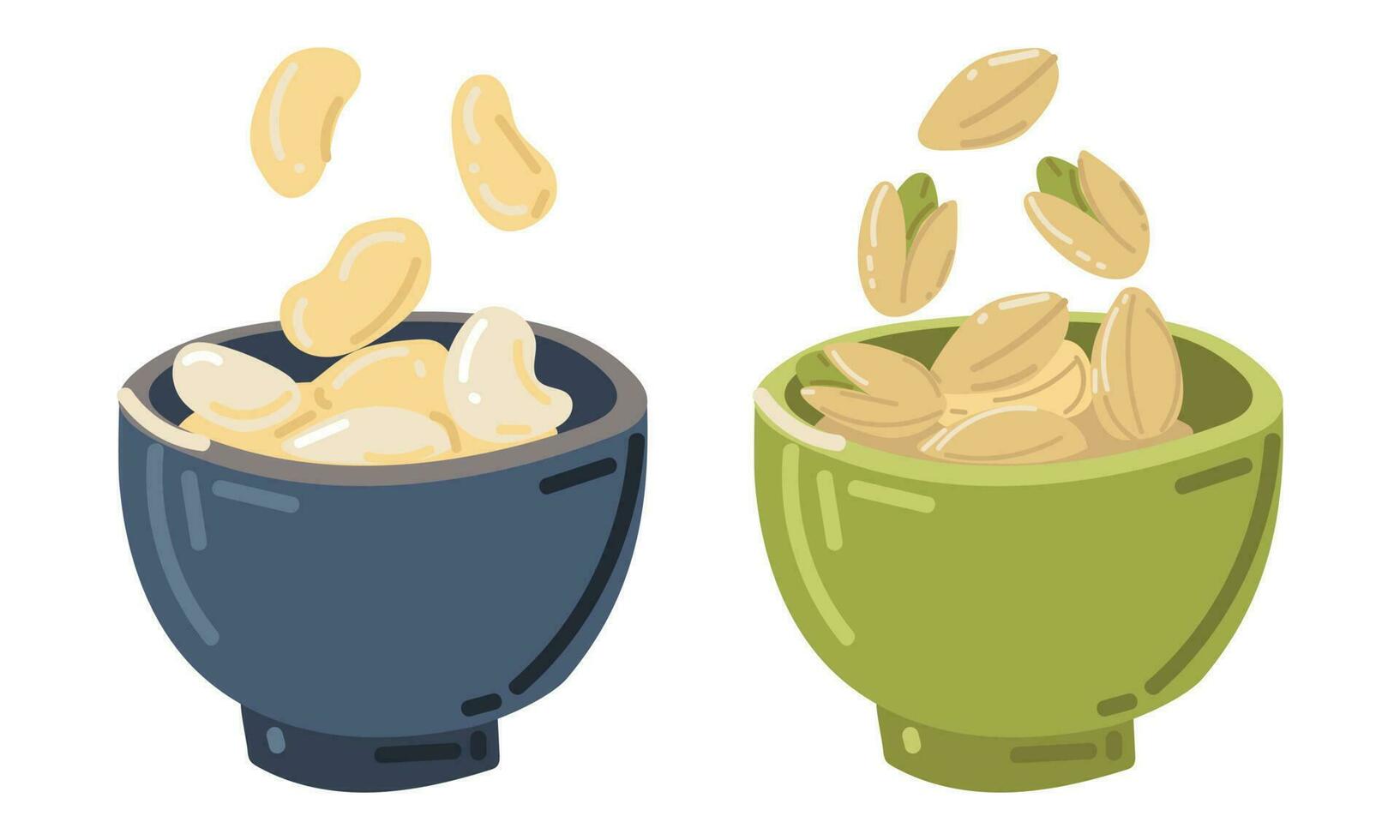 nötter separat i skålar av pistaschmandlar och cashewnötter. annorlunda nötter, en enda ikon i tecknad serie stil, vektor symbol, stock illustration. vegetarian mellanmål. meny av restauranger, kaféer