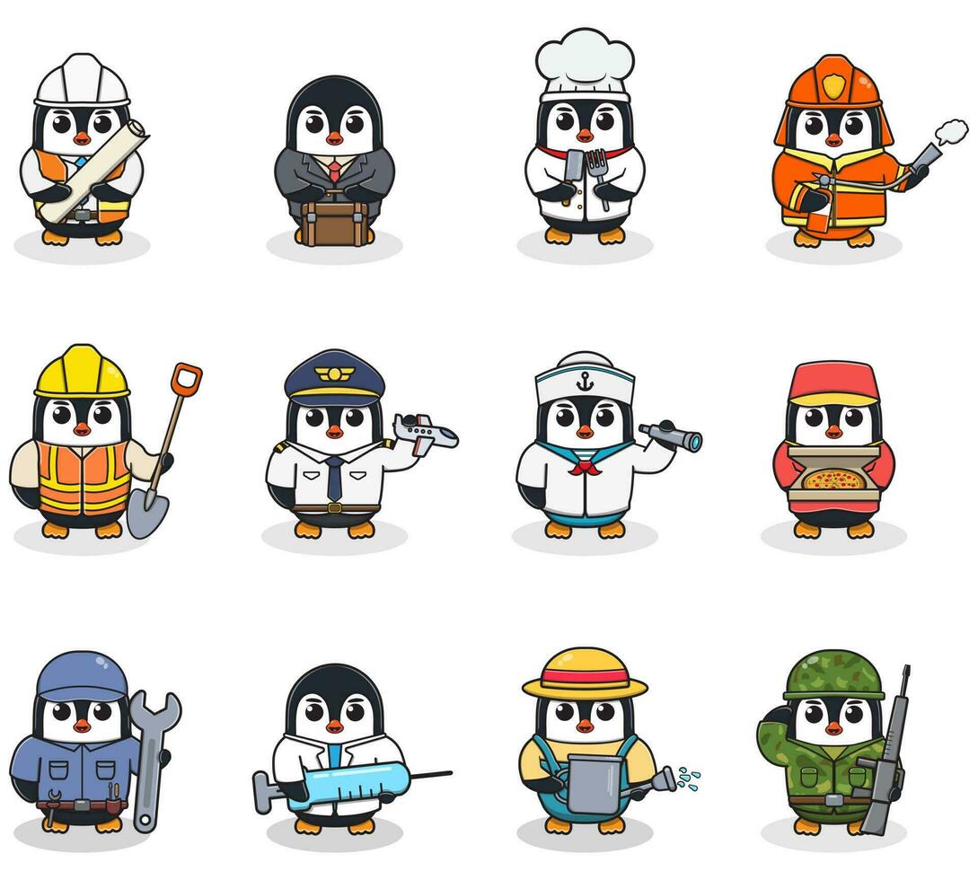 tecknad serie pingvin i professionell enhetlig. vektor uppsättning av pingvin annorlunda yrken. vektor tecken med jobb annorlunda ockupation. annorlunda jobb proffs. isolerat vektor ikoner uppsättning