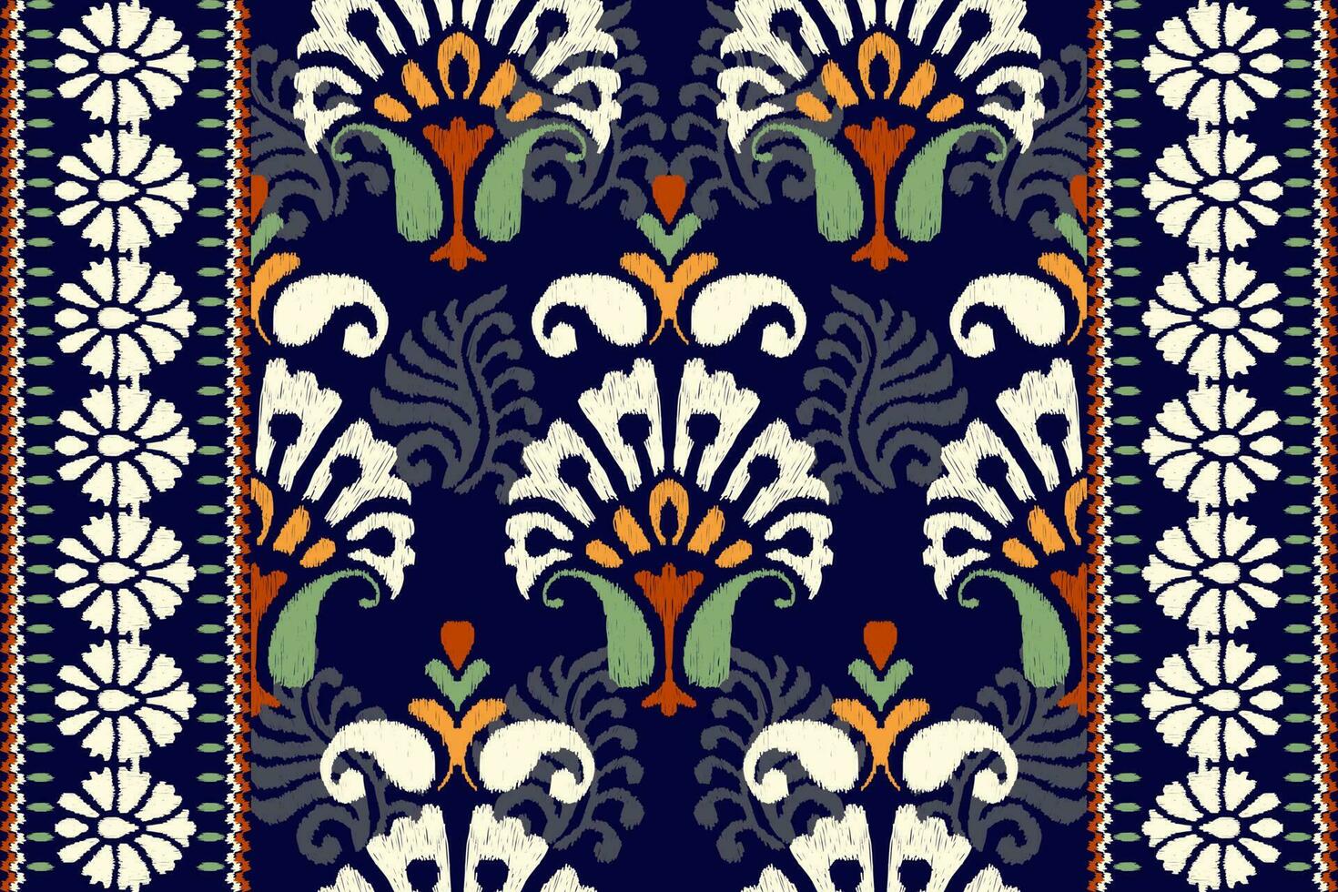 Ikat Blumen- Paisley Stickerei auf dunkel lila hintergrund.ikat ethnisch orientalisch Muster traditionell.aztekisch Stil abstrakt Vektor illustration.design zum textur, stoff, kleidung, verpackung, dekoration, teppich