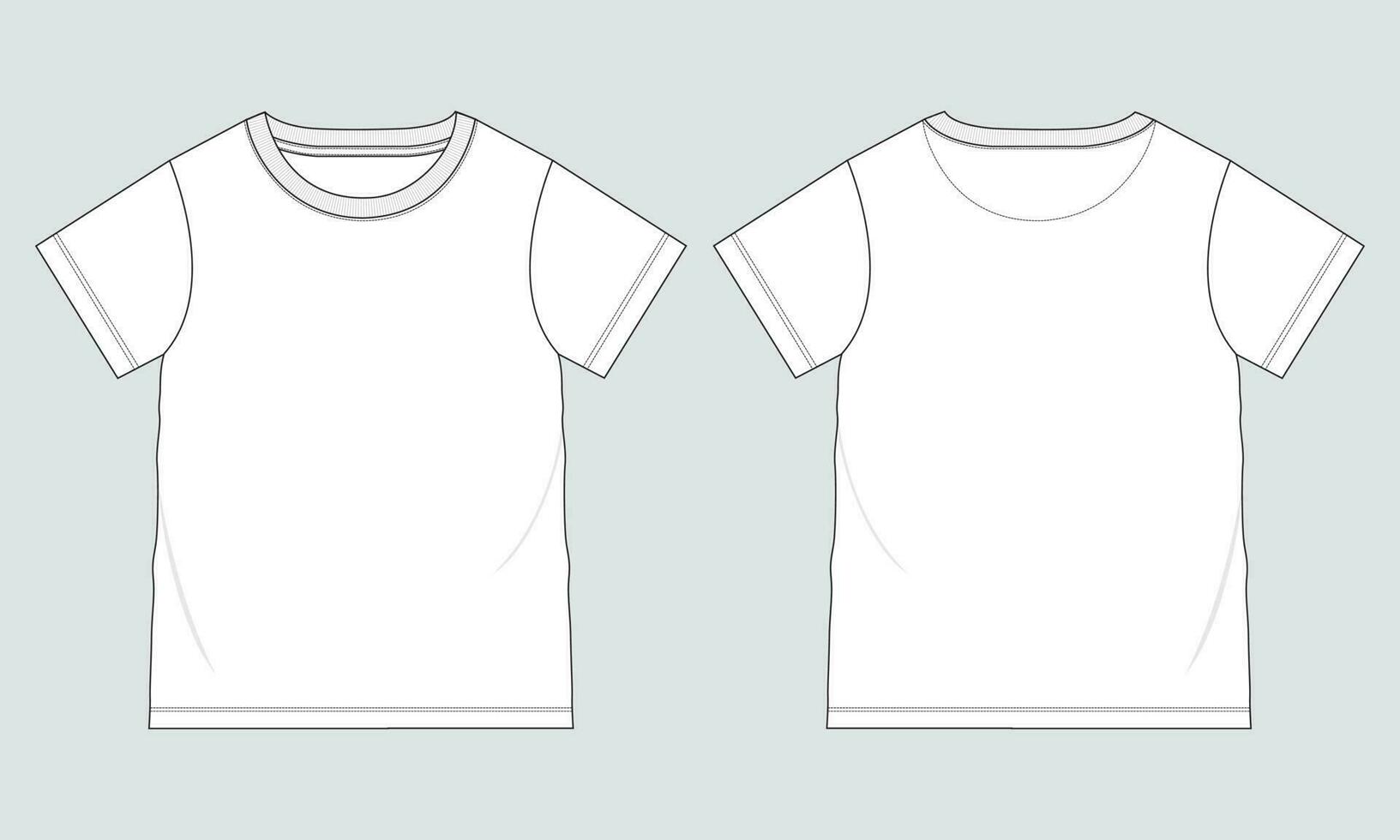 kort ärm grundläggande t-shirt teknisk mode platt skiss vektor illustration mall främre och tillbaka vyer. grundläggande kläder design falsk upp för barn och Pojkar.