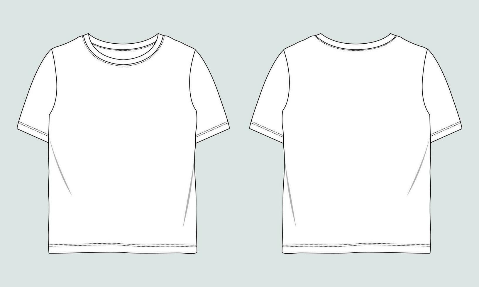 kurz Ärmel Basic T-Shirt technisch Mode eben skizzieren Vektor Illustration Vorlage Vorderseite und zurück Ansichten. Basic bekleidung Design spotten oben zum Kinder und Jungen.