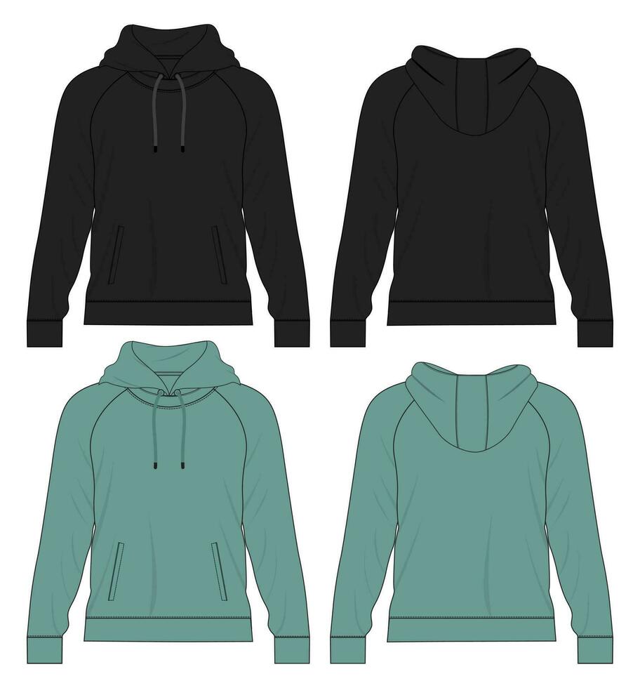 schwarz und Grün Farbe lange Ärmel Kapuzenpullover Vektor Illustration Vorlage Vorderseite und zurück Ansichten