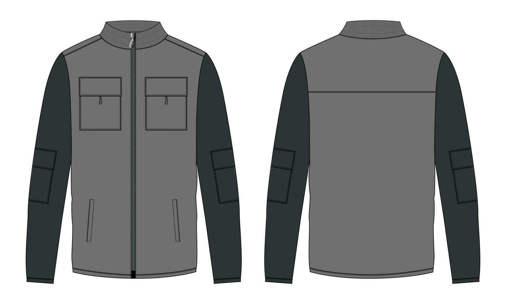 zwei Ton Farbe lange Ärmel Jacke mit Tasche und Reißverschluss technisch Mode eben skizzieren Vektor Illustration Vorlage Vorderseite und zurück Ansichten. Vlies Jersey Sweatshirt Jacke zum Herren und Jungen.