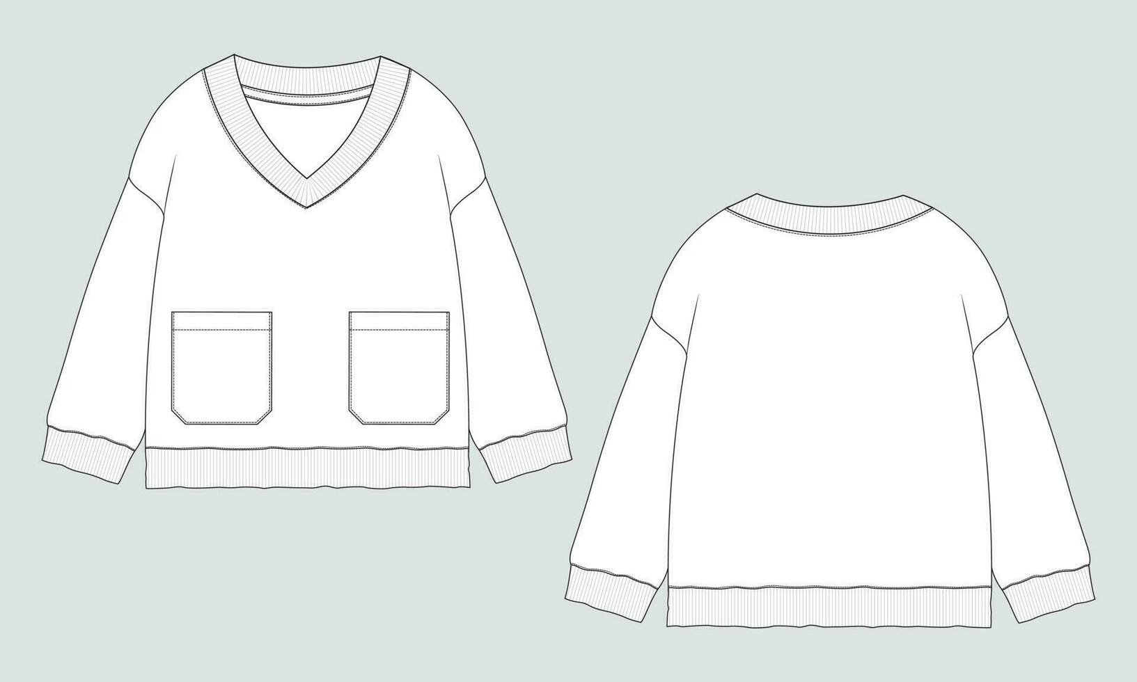 v- Hals lange Ärmel Sweatshirt technisch Zeichnung Mode eben skizzieren Vektor Illustration Vorlage zum Damen