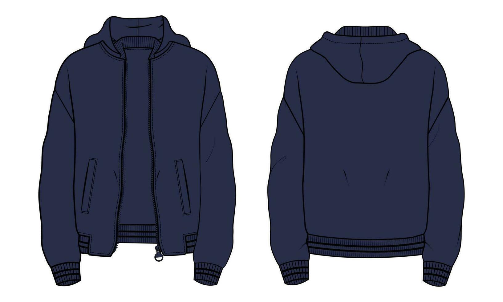 lange Ärmel Kapuzenpullover Vektor Illustration Marine Farbe Vorlage Vorderseite und zurück Ansichten