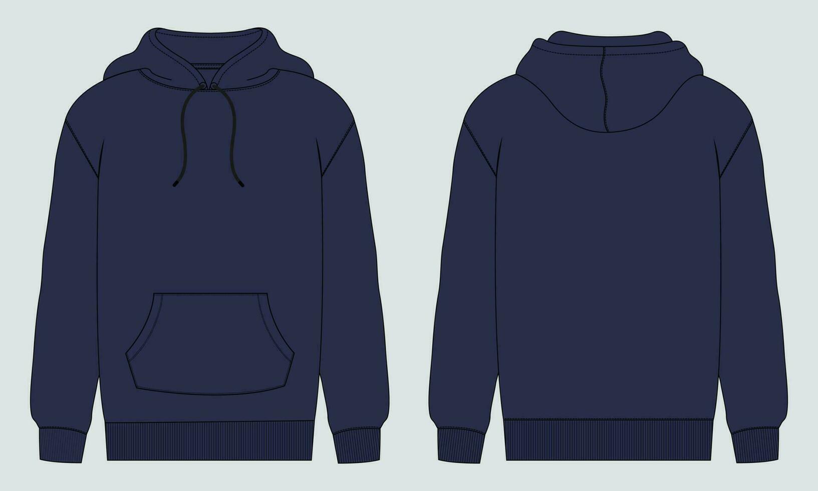 lange Ärmel Kapuzenpullover Vektor Illustration Marine Farbe Vorlage Vorderseite und zurück Ansichten