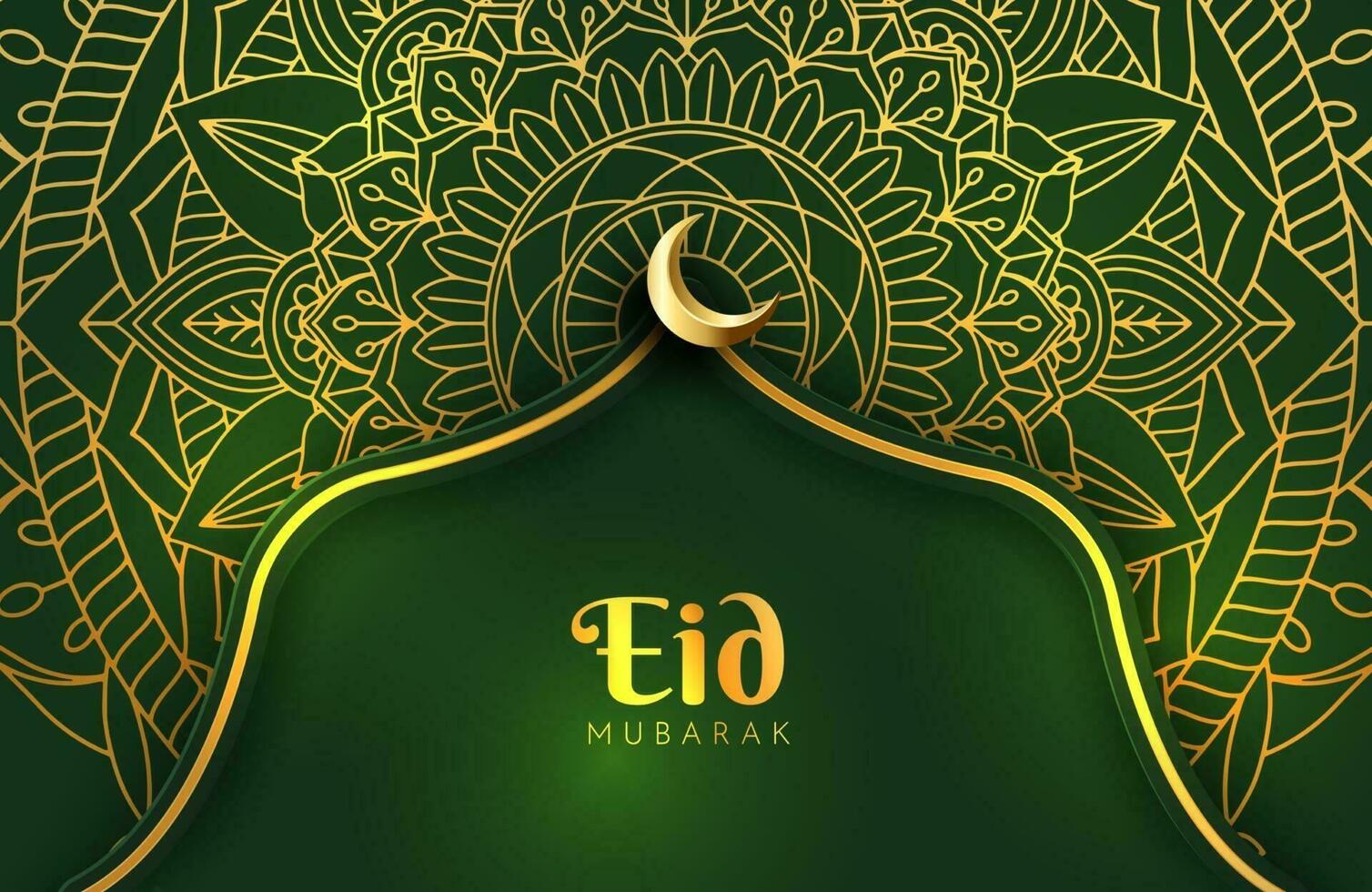 lyx mörkgrön och guld bakgrundsbanner med islamisk arabesk mandala prydnad eid mubarak formgivningsmall vektor