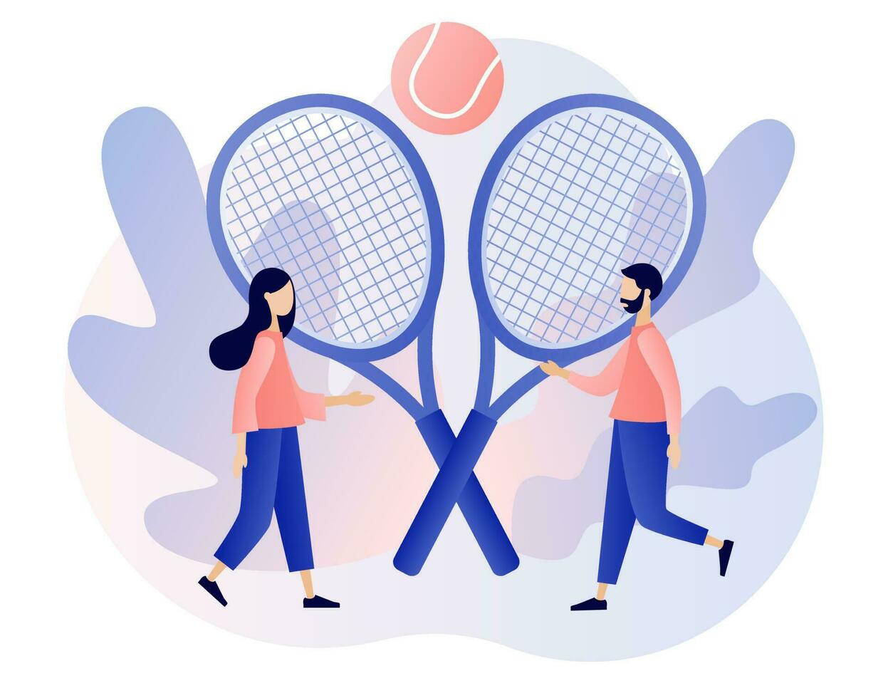 mycket liten människor med tennis racketar och boll. sport klubb, grupp aktivitet, Träning. mästerskap och turnering. modern platt tecknad serie stil. vektor illustration på vit bakgrund