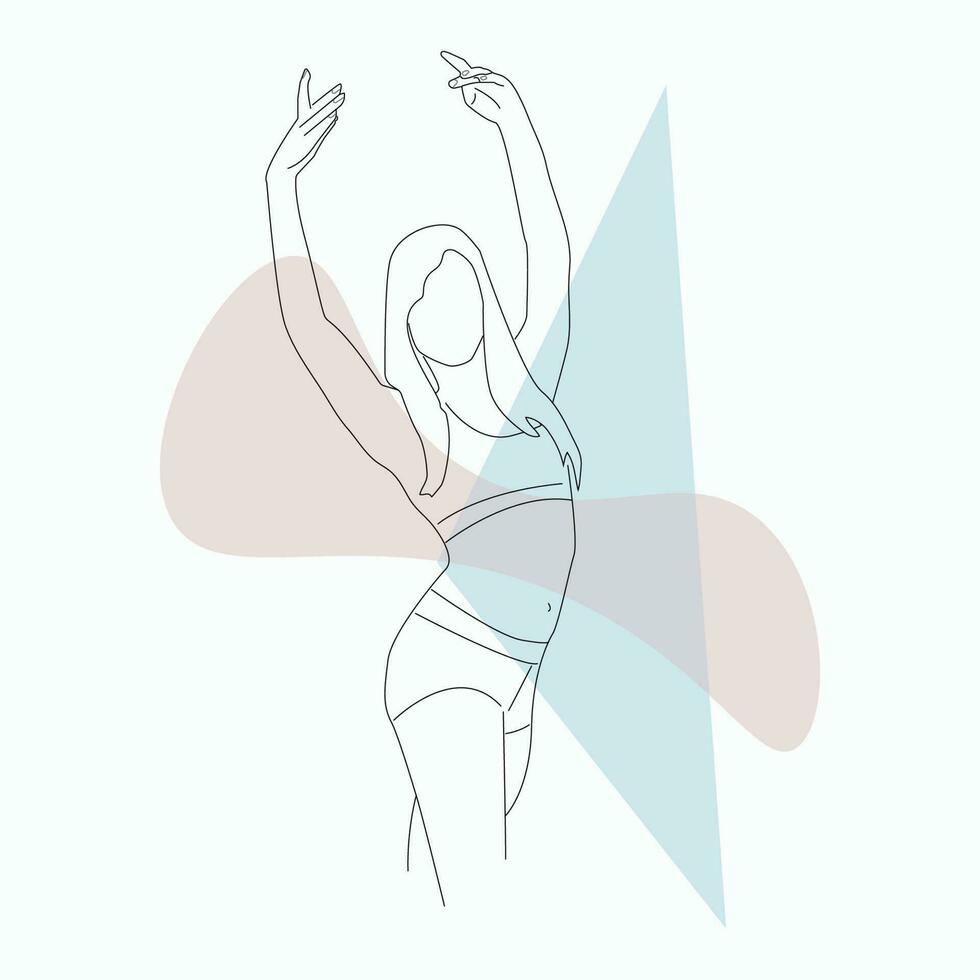 Silhouette von ein Mädchen im ein Sport oben und kurze Hose im ein Ballett Pose mit Waffen angehoben zum das Design und Dekoration von ein Profil im Sozial Netzwerke, Logos, Aufkleber, Poster, Postkarten, Abzeichen, drucken vektor