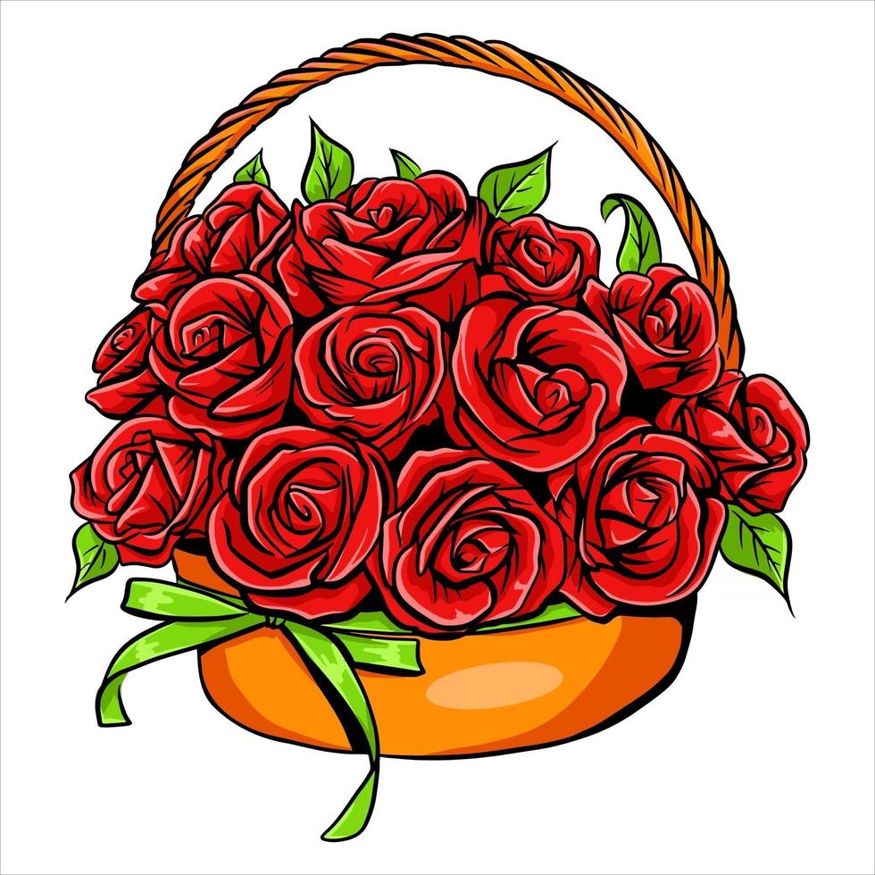 Blumenstrauß mit Rosen in einem Korb vektor