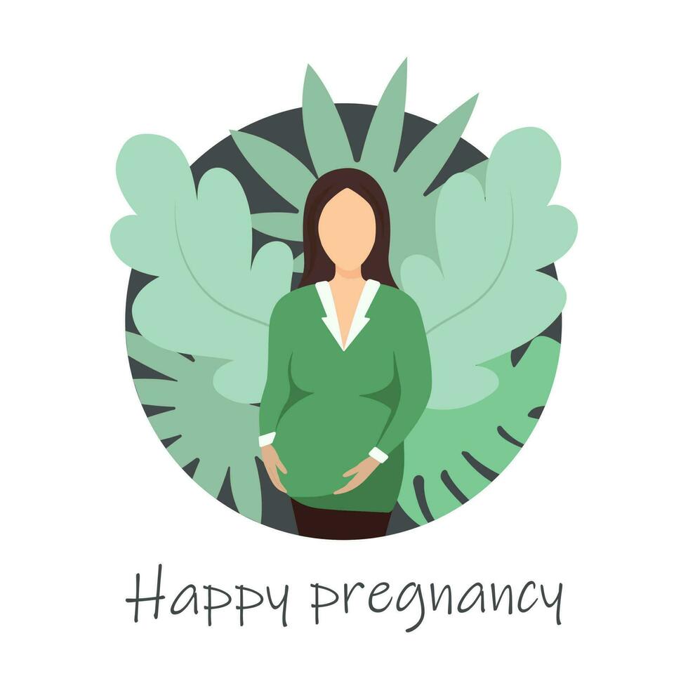 Lycklig graviditet begrepp. tecknad serie ansiktslös gravid kvinna med tropisk löv. vektor illustration med framtida mor