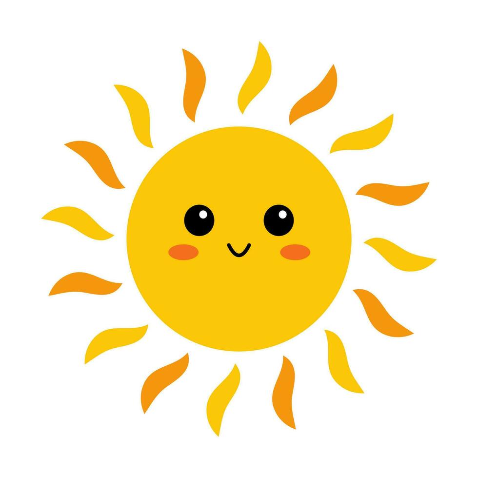 Vektor süß Sonne mit Gesicht. komisch lächelnd Sonne im eben Design. kindisch Sonnenschein Emoji. kawaii Sonne mit Sonnenstrahlen. Baby Sonnenschein Clip Art.