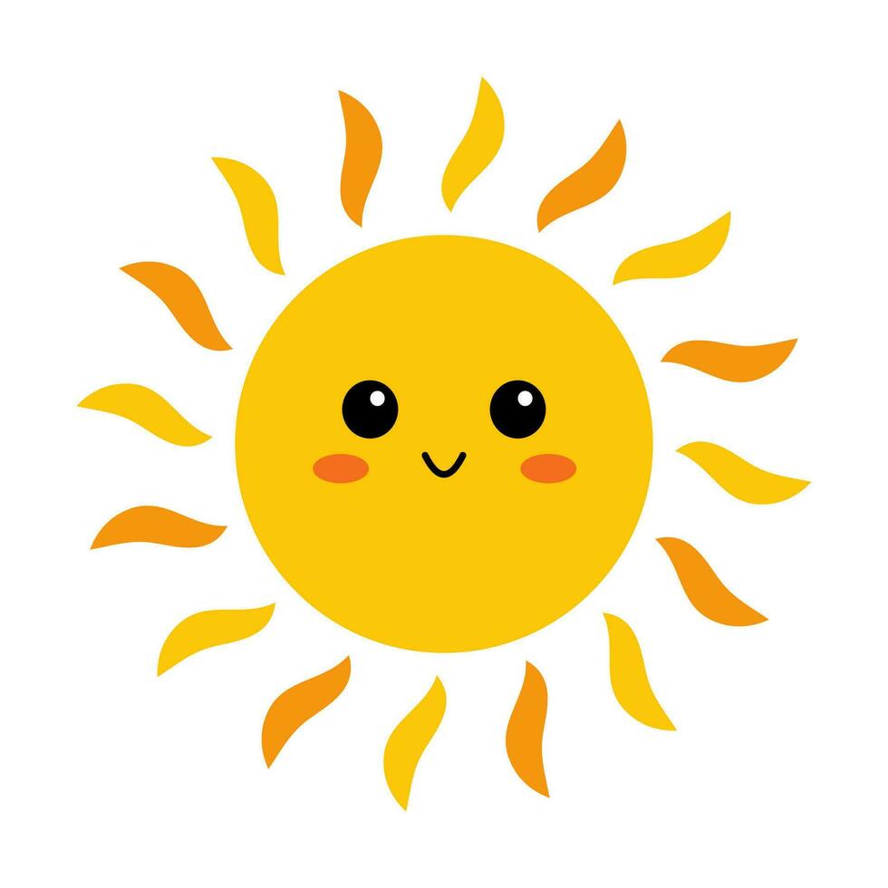 vektor söt Sol med ansikte. rolig leende Sol i platt design. barnslig solsken emoji. söt Sol med solstrålar. bebis solsken ClipArt.