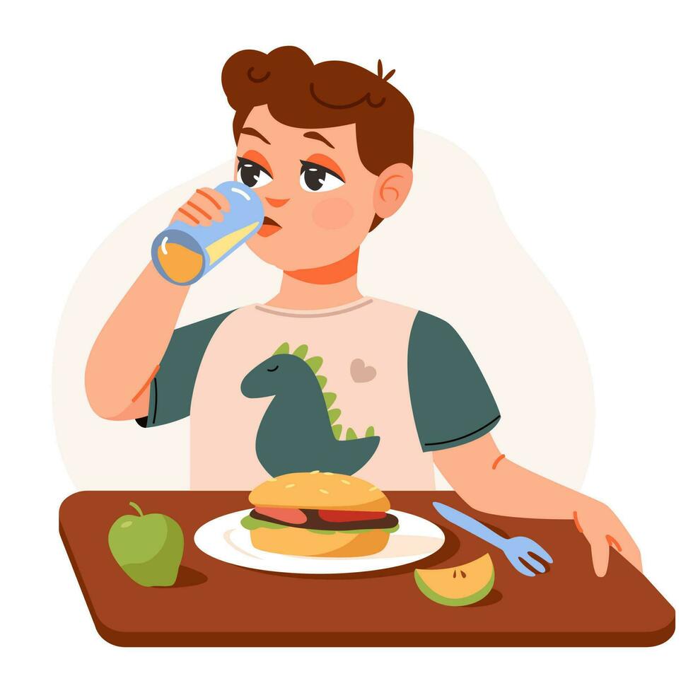 ein hungrig Junge ist Essen ein Sandwich. das Kind Getränke gesund Saft. Kinder Ernährung. eben Vektor Illustration