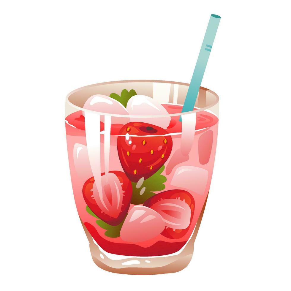 färsk sommar cocktail med jordgubbar och is kuber. jordgubb soda. tecknad serie vektor illustration.