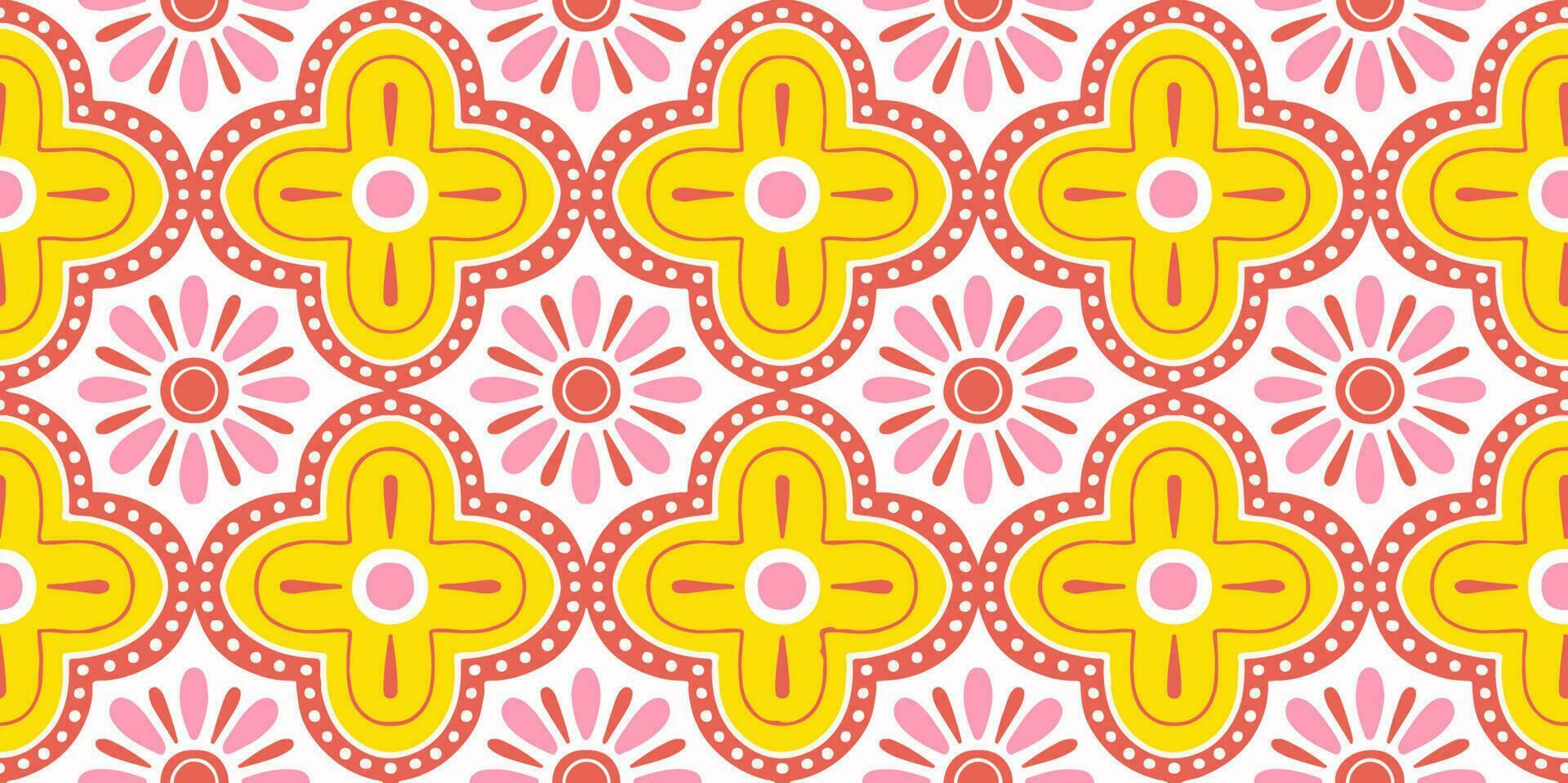 ethnisch abstrakt Hintergrund süß Gelb Rosa Orange Blume geometrisch Stammes- Volk Motiv orientalisch einheimisch Muster traditionell Design Teppich Hintergrund Kleidung Stoff Verpackung drucken Batik Volk Vektor