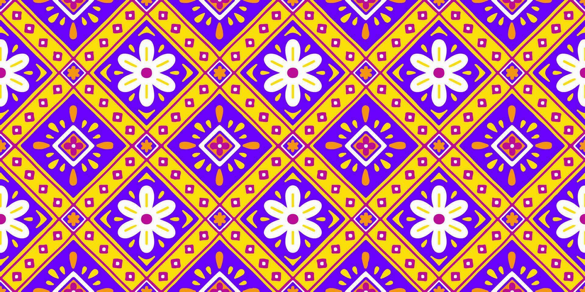 ethnisch abstrakt Hintergrund süß Gelb violett Gänseblümchen Blume geometrisch Stammes- Volk Motiv orientalisch einheimisch Muster traditionell Design Teppich Hintergrund Kleidung Stoff Verpackung drucken Batik Volk Vektor