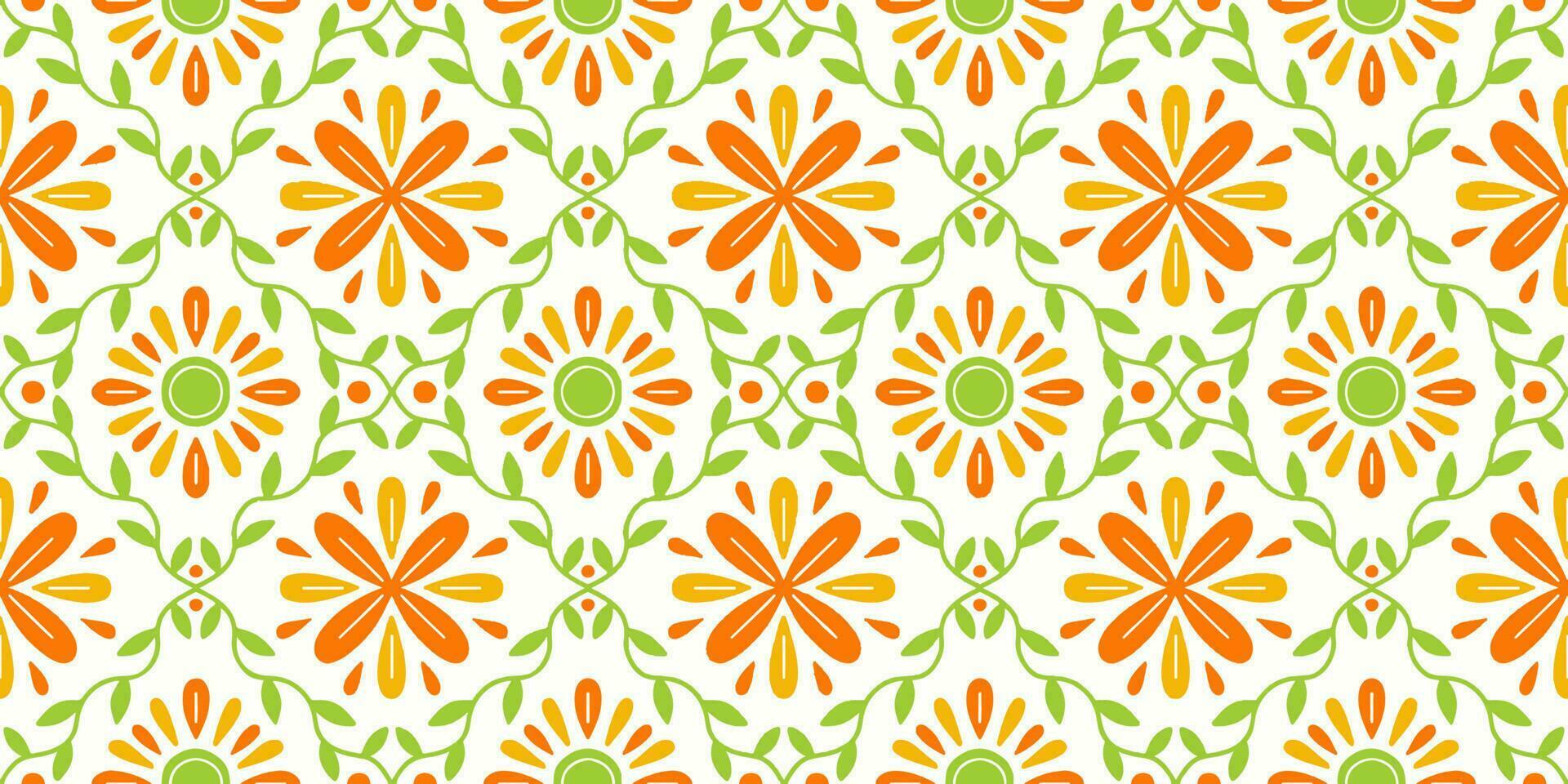 ethnisch abstrakt Hintergrund süß Orange Grün Gänseblümchen viktorianisch Blume geometrisch Stammes- Volk Motiv orientalisch einheimisch Muster traditionell Teppich Hintergrund Kleidung Stoff Verpackung drucken Batik Volk Vektor