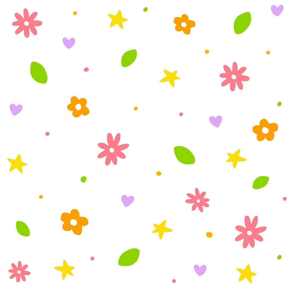 söt klotter blomma blommig ditsy blad stjärna mini hjärta konfetti stänk gnistra glans små polkadot punkt abstrakt hand teckning tecknad serie Färg färgrik pastell sömlös mönster vår sommar bakgrund vektor