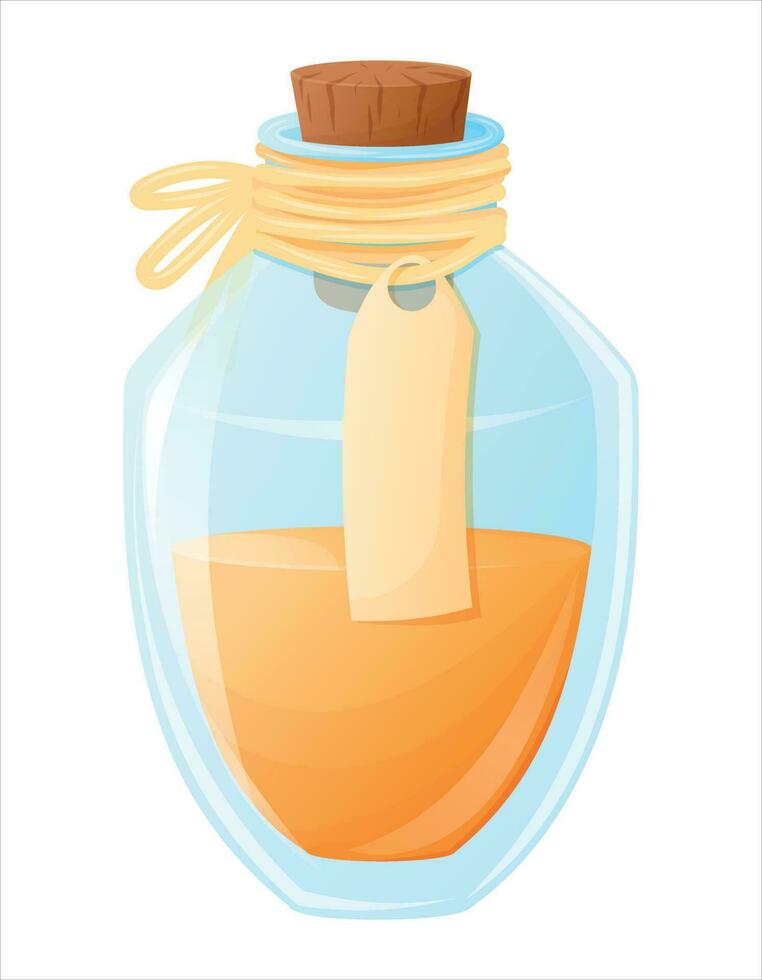 magi glas burk eller injektionsflaska med kork lock och strängar, med orange olja eller flytande. vektor tecknad serie isolerat flaska med en trolldryck.