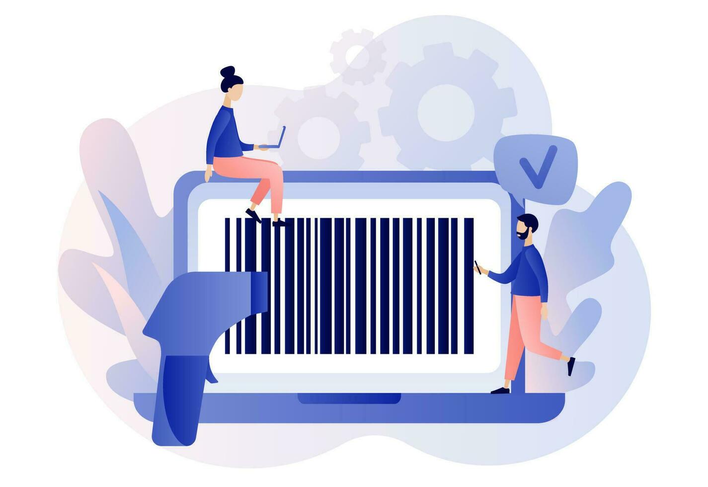 Bar Code auf Laptop schreien. Handheld Barcode Scanner. winzig Menschen Scan Barcode. modern eben Karikatur Stil. Vektor Illustration auf Weiß Hintergrund