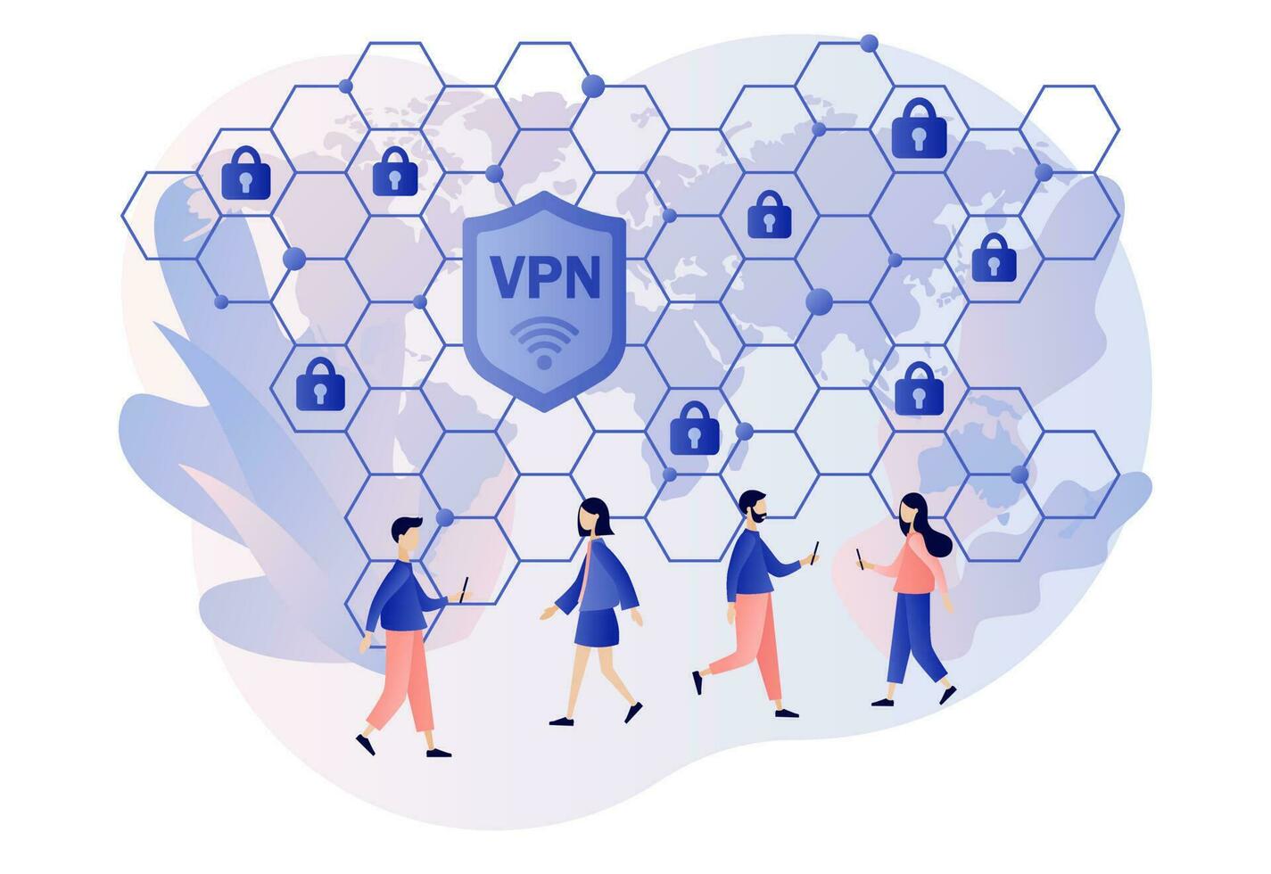 virtuell privat nätverk. vpn service begrepp. cyber säkerhet, säkra webb trafik, data skydd, avlägsen servrar. modern platt tecknad serie stil. vektor illustration på vit bakgrund