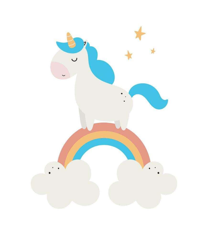 magisch Einhorn auf ein Regenbogen. Vektor Illustration im Karikatur Stil. zum Karten, Poster, Banner, Kinder- Bücher, Drucken auf Verpackung, Kleidung, Stoff, Hintergrund, Textilien oder Teller.