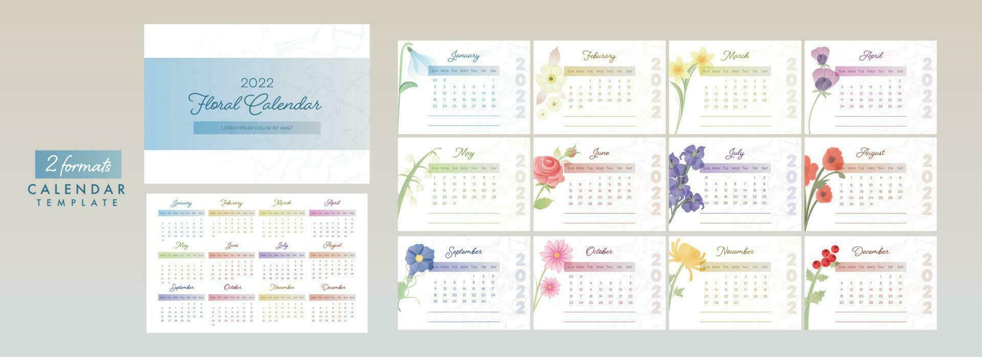 2 format komplett uppsättning av 12 månad för 2022 blommig skrivbord kalender design. vektor