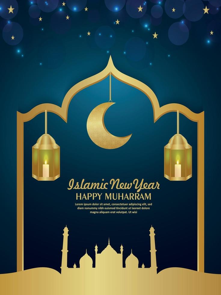 islamiskt nytt år lyckligt muharram inbjudningsfest flyer med realistisk vektor lykta